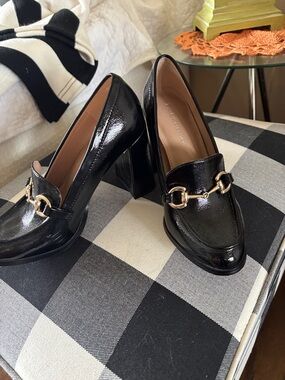 BCBGeneration Black Patent Block Heel Loafers with Gold Bit Accent